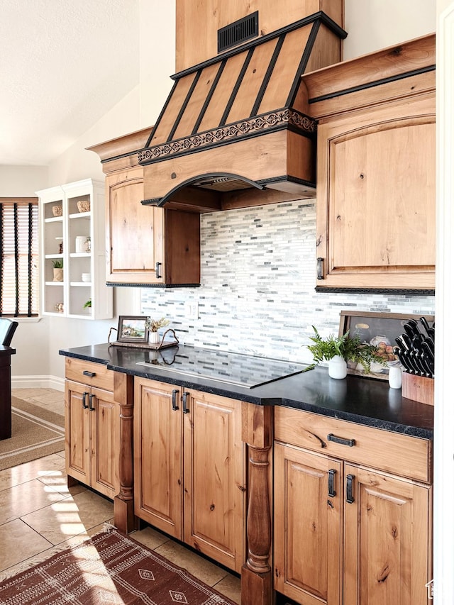 1790 S 940 W, Richfield, UT 84701 - kitchen with backsplash, dark countertops, black electric stovetop, premium range hood, and a textured ceiling