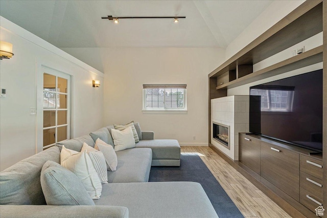 1351 E Browning Ave S, Salt Lake City, UT 84105 - living area featuring light wood-style flooring, vaulted ceiling, and a tile fireplace