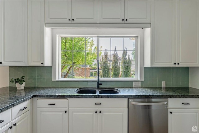 1351 E Browning Ave S, Salt Lake City, UT 84105 - kitchen with stainless steel dishwasher, white cabinets, healthy amount of natural light, and tasteful backsplash