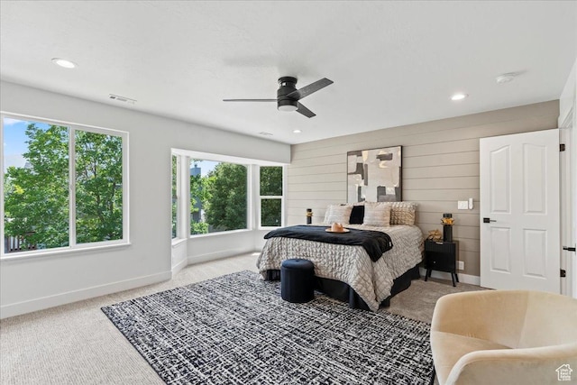 692 E Country Breeze Cir S, Draper, UT 84020 - carpeted bedroom with recessed lighting, a ceiling fan, and wood walls