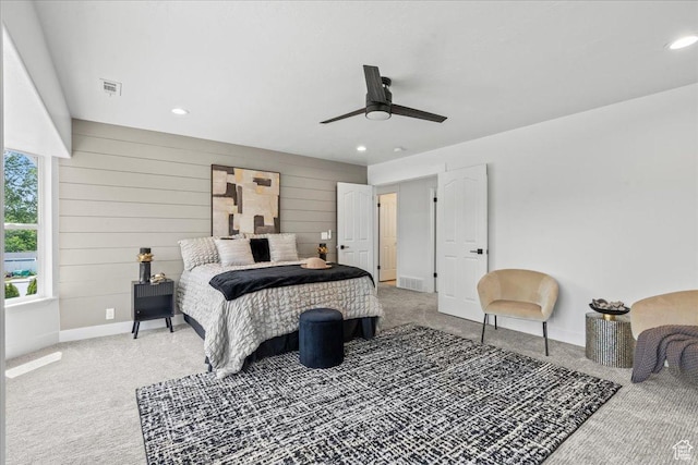 692 E Country Breeze Cir S, Draper, UT 84020 - bedroom with carpet, recessed lighting, ceiling fan, and wood walls