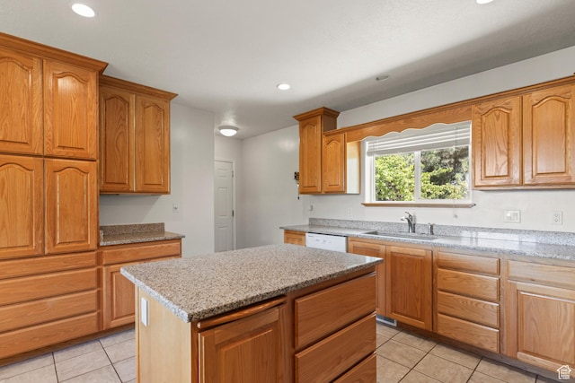 890 E Monroe Canyon Rd S, Monroe, UT 84754 - kitchen featuring light tile patterned floors, light stone countertops, recessed lighting, a kitchen island, and dishwasher
