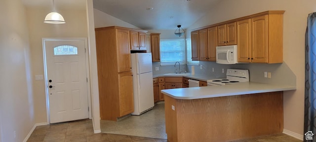 51 N 370 E, American Fork, UT 84003 - kitchen featuring white appliances, a peninsula, healthy amount of natural light, light countertops, and lofted ceiling