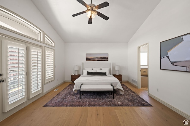 5155 S Alvera Dr E, Holladay, UT 84117 - bedroom featuring multiple windows, light wood-style floors, access to outside, a ceiling fan, and high vaulted ceiling