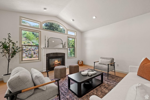 5155 S Alvera Dr E, Holladay, UT 84117 - living area with vaulted ceiling, wood finished floors, and a glass covered fireplace
