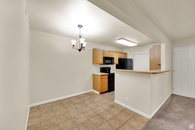 650 S Main St Unit 7103, Bountiful, UT 84010 - kitchen featuring black appliances, pendant lighting, light countertops, light brown cabinetry, and a peninsula