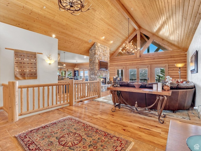 12069 N Sage Hollow Cir, Heber City, UT 84032 - home office featuring a chandelier, high vaulted ceiling, rustic walls, and a wooden ceiling with exposed beams