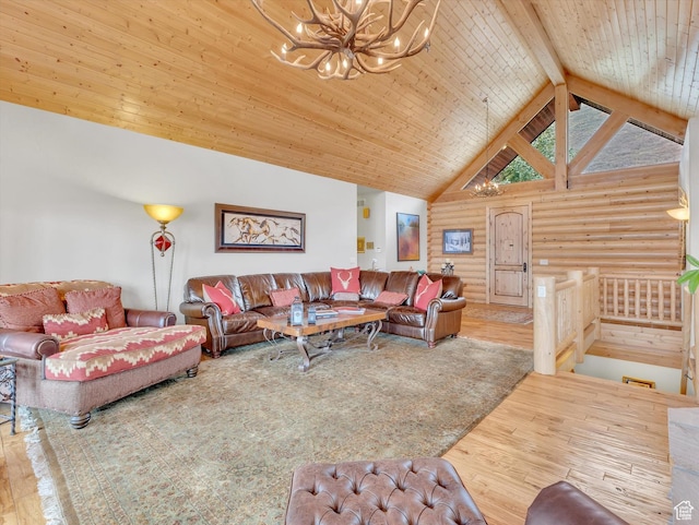 12069 N Sage Hollow Cir, Heber City, UT 84032 - living area with a chandelier, wood finished floors, log walls, a wood ceiling with exposed beams, and high vaulted ceiling
