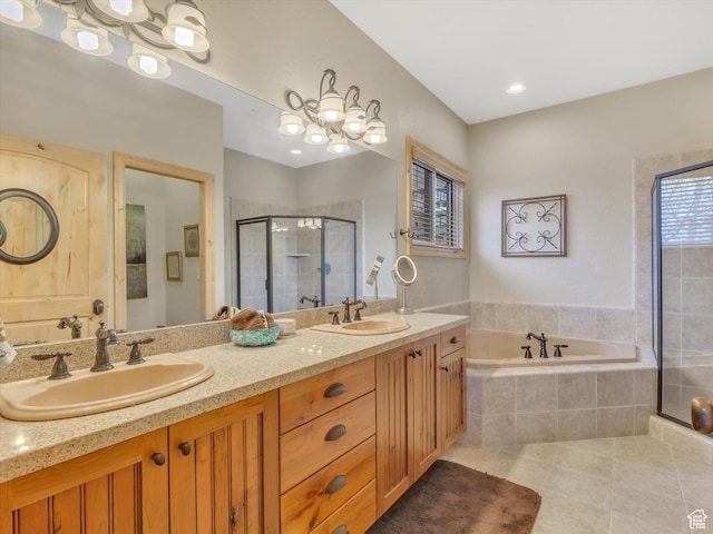 12069 N Sage Hollow Cir, Heber City, UT 84032 - full bathroom with tile patterned floors, a stall shower, double vanity, and a garden tub