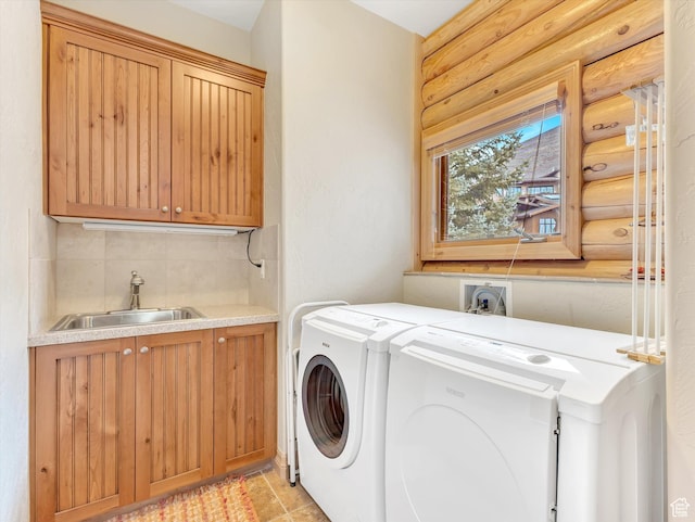 12069 N Sage Hollow Cir, Heber City, UT 84032 - laundry area with independent washer and dryer, cabinet space, and rustic walls