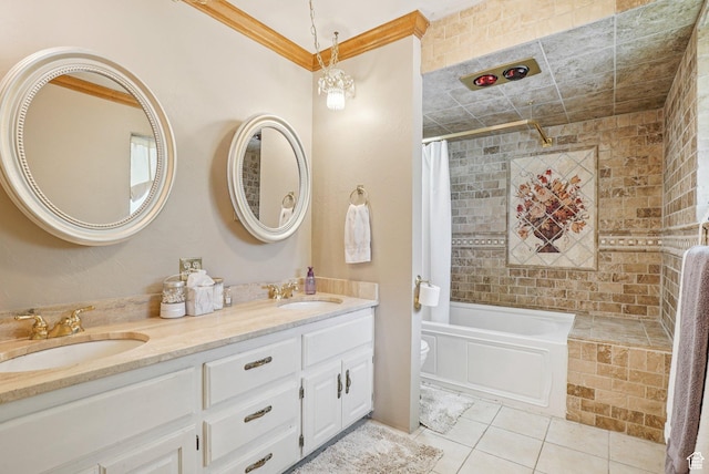 1174 Oakmont Ln, Provo, UT 84604 - bathroom with tile patterned flooring, double vanity, shower / bathtub combination with curtain, and crown molding