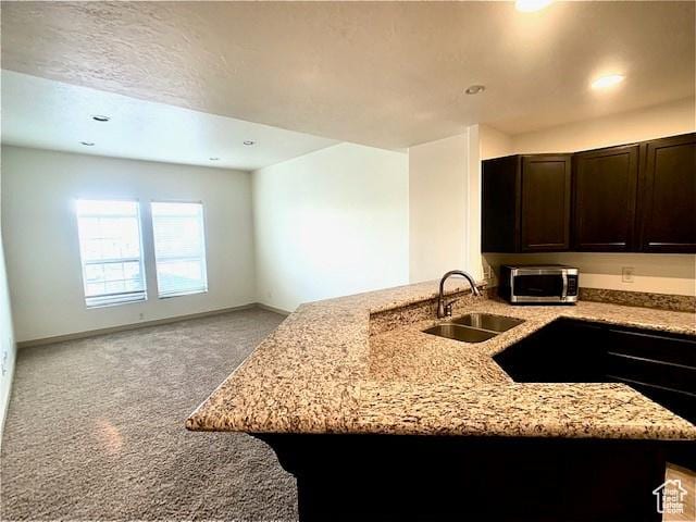 4276 S Main St W Unit 210, Murray, UT 84107 - kitchen featuring stainless steel microwave, light carpet, light stone countertops, dark brown cabinetry, and open floor plan