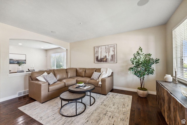 14318 S Butterfield Park Way, Herriman, UT 84096 - living area featuring arched walkways, hardwood / wood-style flooring, and recessed lighting