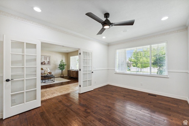 14318 S Butterfield Park Way, Herriman, UT 84096 - spare room featuring french doors, crown molding, hardwood / wood-style flooring, ceiling fan, and recessed lighting