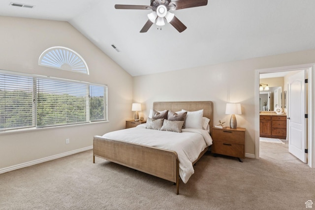 14318 S Butterfield Park Way, Herriman, UT 84096 - bedroom with carpet, vaulted ceiling, a ceiling fan, and ensuite bath