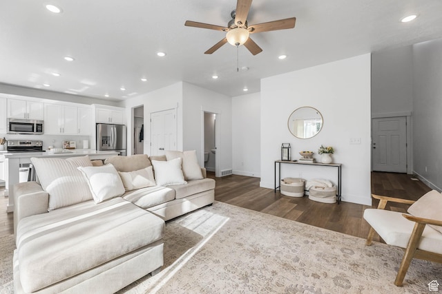 8151 St Cecilia St S, Eagle Mountain, UT 84005 - living area featuring dark wood-style floors, ceiling fan, and recessed lighting