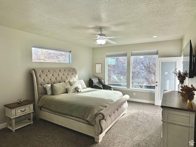 6057 W Herriman View Way, Herriman, UT 84096 - bedroom with carpet floors, multiple windows, a textured ceiling, and a ceiling fan