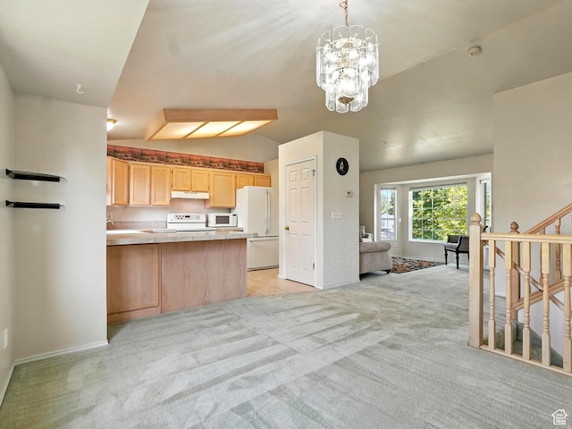 1213 W 1640 N, Clinton, UT 84015 - kitchen featuring white appliances, light carpet, under cabinet range hood, light brown cabinets, and vaulted ceiling