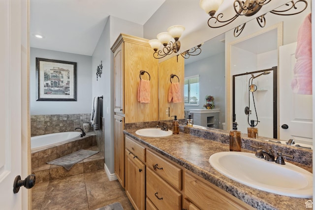 6613 W 200 N, Ogden, UT 84404 - bathroom with a chandelier, a garden tub, double vanity, and a stall shower