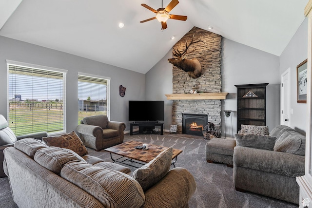 6613 W 200 N, Ogden, UT 84404 - carpeted living area featuring ceiling fan, high vaulted ceiling, a fireplace, and recessed lighting