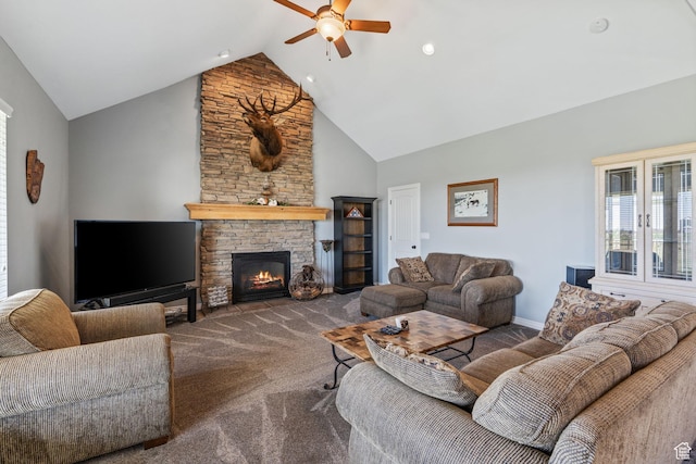 6613 W 200 N, Ogden, UT 84404 - carpeted living area featuring ceiling fan, high vaulted ceiling, and a fireplace