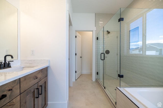361 E Ventura Blvd, Tooele, UT 84074 - bathroom featuring vanity, a shower stall, a bath, and tile patterned flooring