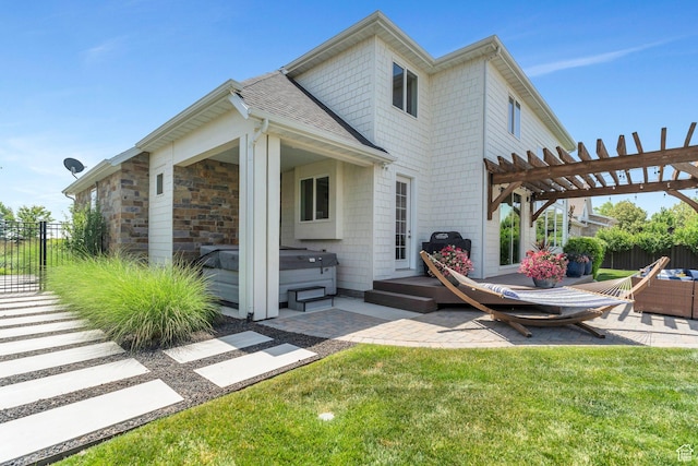 953 E 1000 N, American Fork, UT 84003 - rear view of property with a hot tub, a patio, a pergola, and roof with shingles