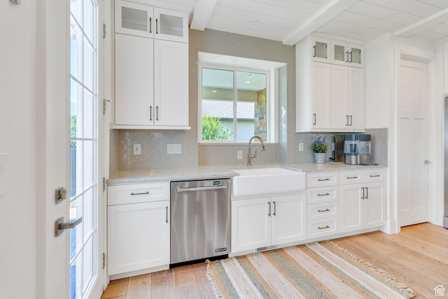 953 E 1000 N, American Fork, UT 84003 - kitchen featuring dishwasher, beam ceiling, light wood-style flooring, decorative backsplash, and white cabinets
