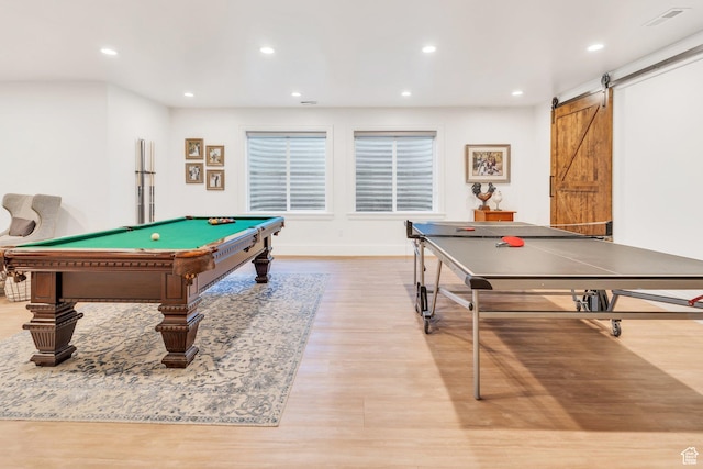 953 E 1000 N, American Fork, UT 84003 - rec room with wood finished floors, a barn door, billiards table, and recessed lighting
