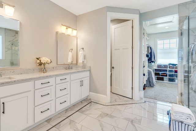 953 E 1000 N, American Fork, UT 84003 - full bathroom with double vanity, marble look tile flooring, a walk in closet, and a stall shower