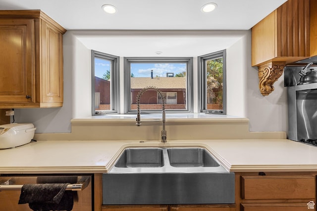 143 E 200 S, St George, UT 84770 - kitchen featuring light countertops, brown cabinets, recessed lighting, and dishwasher