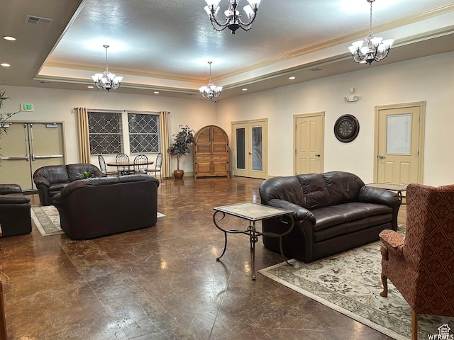 435 W Cobblestone Dr, Providence, UT 84332 - living room with a chandelier, a raised ceiling, recessed lighting, ornamental molding, and marble finish flooring