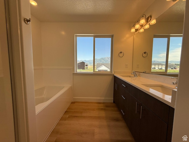 3298 S 1000 W, Nibley, UT 84321 - bathroom featuring wood finished floors, double vanity, healthy amount of natural light, a garden tub, and a textured ceiling
