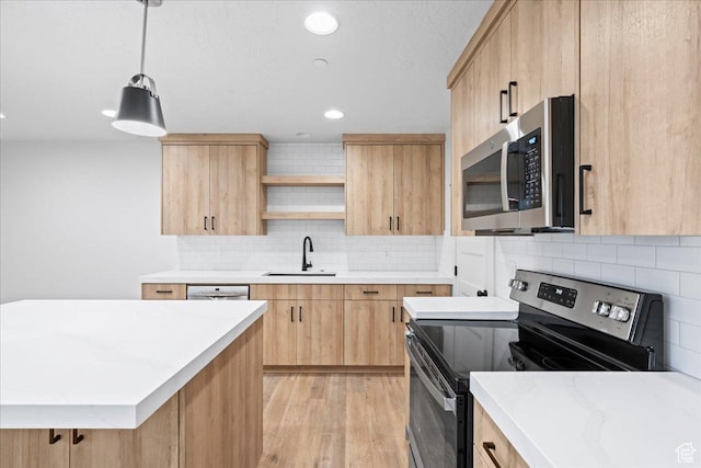 2230 S 635 W Unit C, Perry, UT 84302 - kitchen featuring stainless steel appliances, light brown cabinets, open shelves, light countertops, and recessed lighting