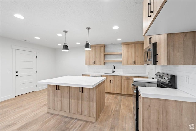 2230 S 635 W Unit C, Perry, UT 84302 - kitchen featuring stainless steel microwave, electric range oven, light brown cabinetry, open shelves, and decorative backsplash