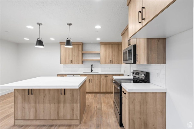 2230 S 635 W Unit C, Perry, UT 84302 - kitchen featuring range with electric stovetop, stainless steel microwave, light brown cabinetry, open shelves, and tasteful backsplash