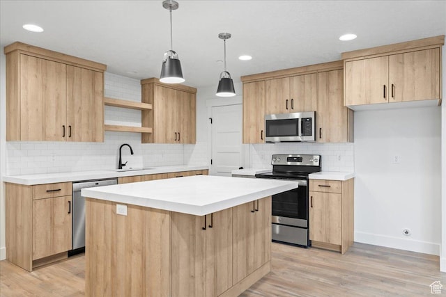 2230 S 635 W Unit C, Perry, UT 84302 - kitchen featuring stainless steel appliances, light brown cabinetry, open shelves, and recessed lighting