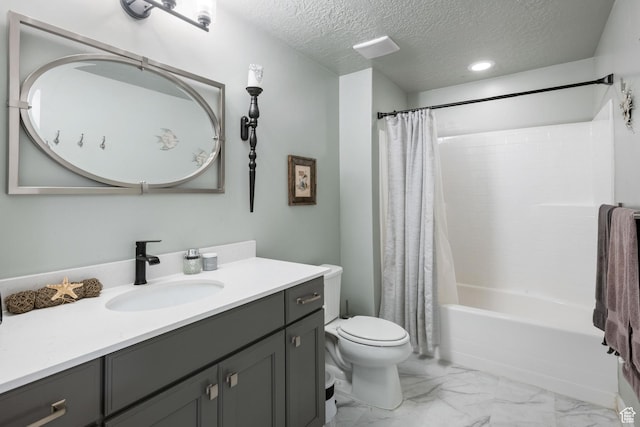 6447 W Arranmore Dr, South Jordan, UT 84009 - bathroom with vanity, marble look tiles, shower / bath combo, and a textured ceiling