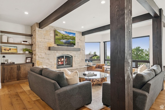 1427 Eagle Way, Park City, UT 84060 - living room featuring light wood-style floors, beamed ceiling, a fireplace, and recessed lighting