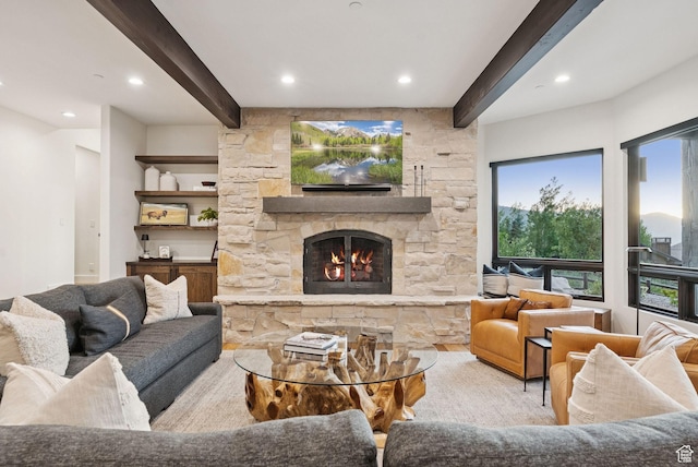 1427 Eagle Way, Park City, UT 84060 - living room featuring beam ceiling, a stone fireplace, and recessed lighting