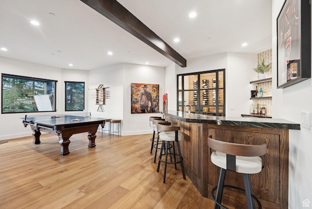 1427 Eagle Way, Park City, UT 84060 - indoor wet bar with light wood-style flooring, recessed lighting, beam ceiling, and billiards table