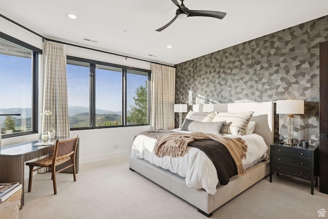 1427 Eagle Way, Park City, UT 84060 - carpeted bedroom featuring wallpapered walls, recessed lighting, multiple windows, and a ceiling fan