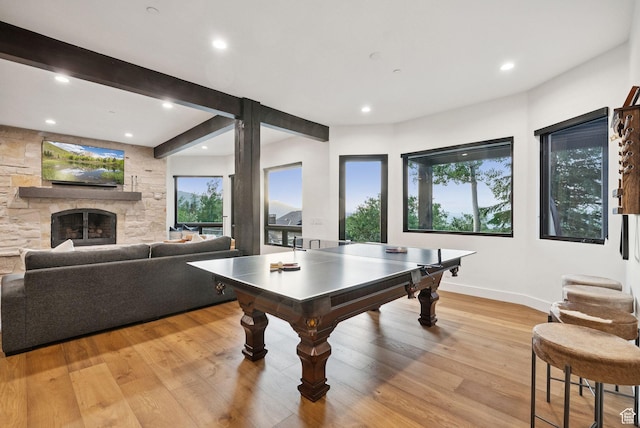 1427 Eagle Way, Park City, UT 84060 - rec room featuring recessed lighting, light wood-style floors, and a fireplace