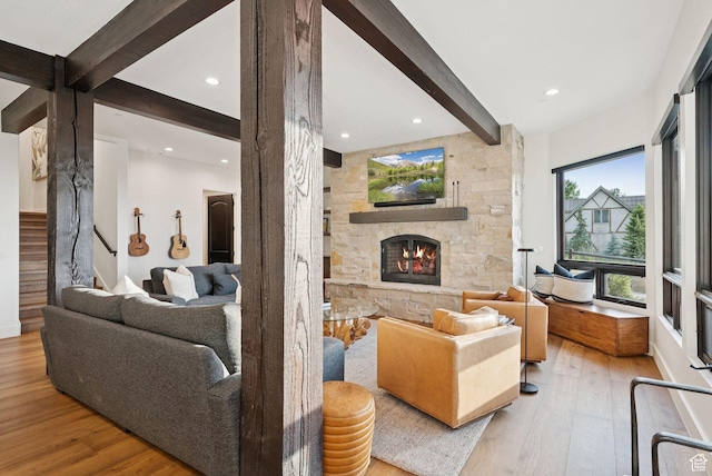 1427 Eagle Way, Park City, UT 84060 - living room featuring beam ceiling, wood finished floors, stairs, a fireplace, and recessed lighting