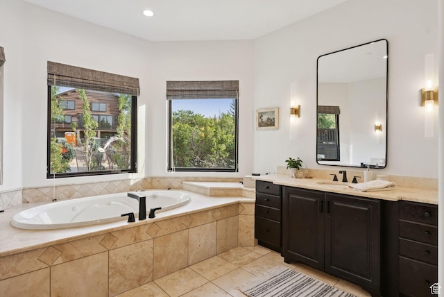 1427 Eagle Way, Park City, UT 84060 - bathroom with vanity, a garden tub, plenty of natural light, tile patterned flooring, and recessed lighting