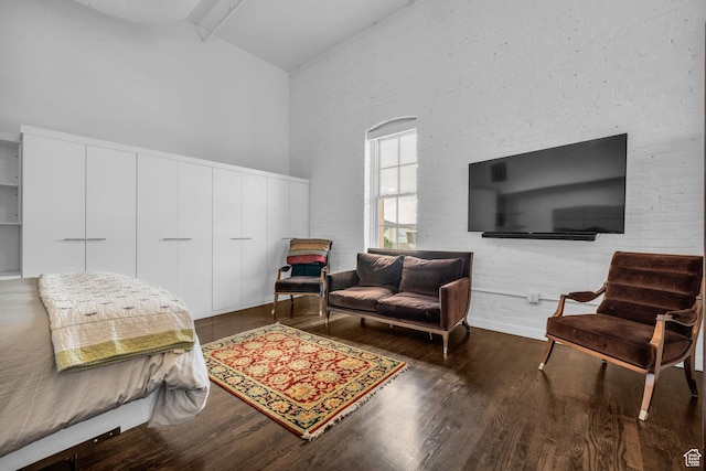 159 W Broadway Unit 301, Salt Lake City, UT 84101 - bedroom with high vaulted ceiling, wood finished floors, and beamed ceiling