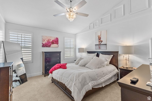 4269 W Lake Brg S, South Jordan, UT 84009 - bedroom featuring light colored carpet, vaulted ceiling, and ceiling fan