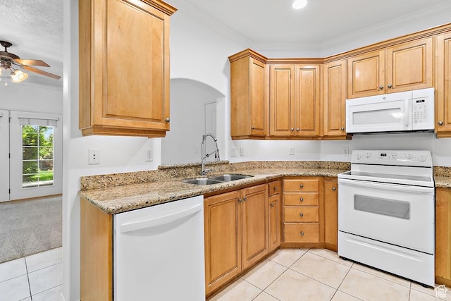 181 N 1200 W Unit 103, Orem, UT 84057 - kitchen featuring white appliances, light tile patterned floors, crown molding, ceiling fan, and light stone counters
