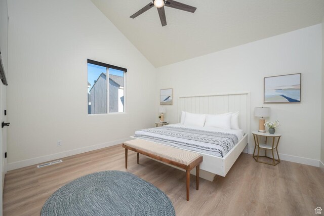 4254 W Cambridge Pkwy, Hurricane, UT 84737 - bedroom featuring wood finished floors, high vaulted ceiling, and ceiling fan