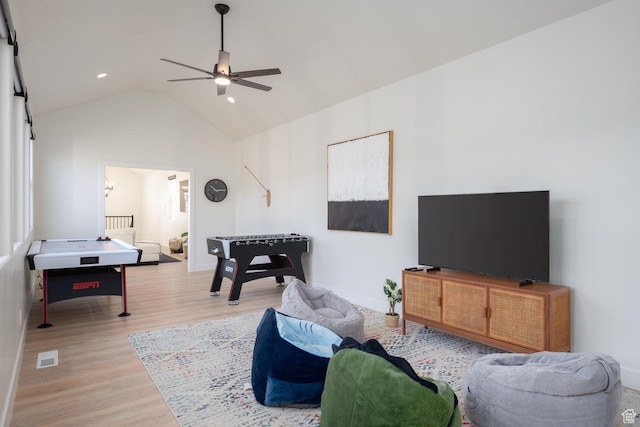 4254 W Cambridge Pkwy, Hurricane, UT 84737 - playroom with a ceiling fan, wood finished floors, lofted ceiling, and recessed lighting